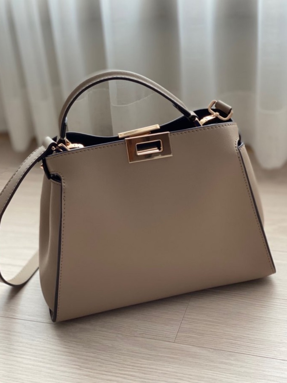 Taupe Beige Genuine Leather Handbag with strap